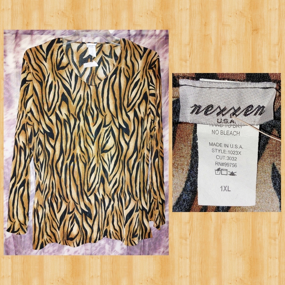 Nexxen brand Black/Brown Tiger Stripes Print Soft Knit Top Sz 1XL(14/16)
